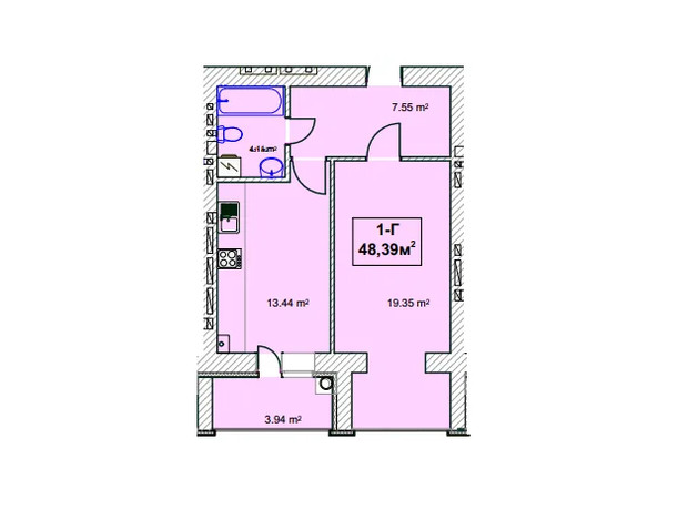 ЖК Независимость: планировка 1-комнатной квартиры 48.39 м²