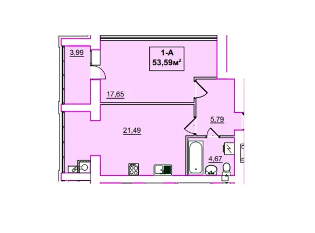 ЖК Независимость: планировка 1-комнатной квартиры 53.59 м²