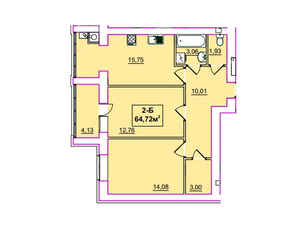 ЖК Незалежність: планування 2-кімнатної квартири 64.72 м²