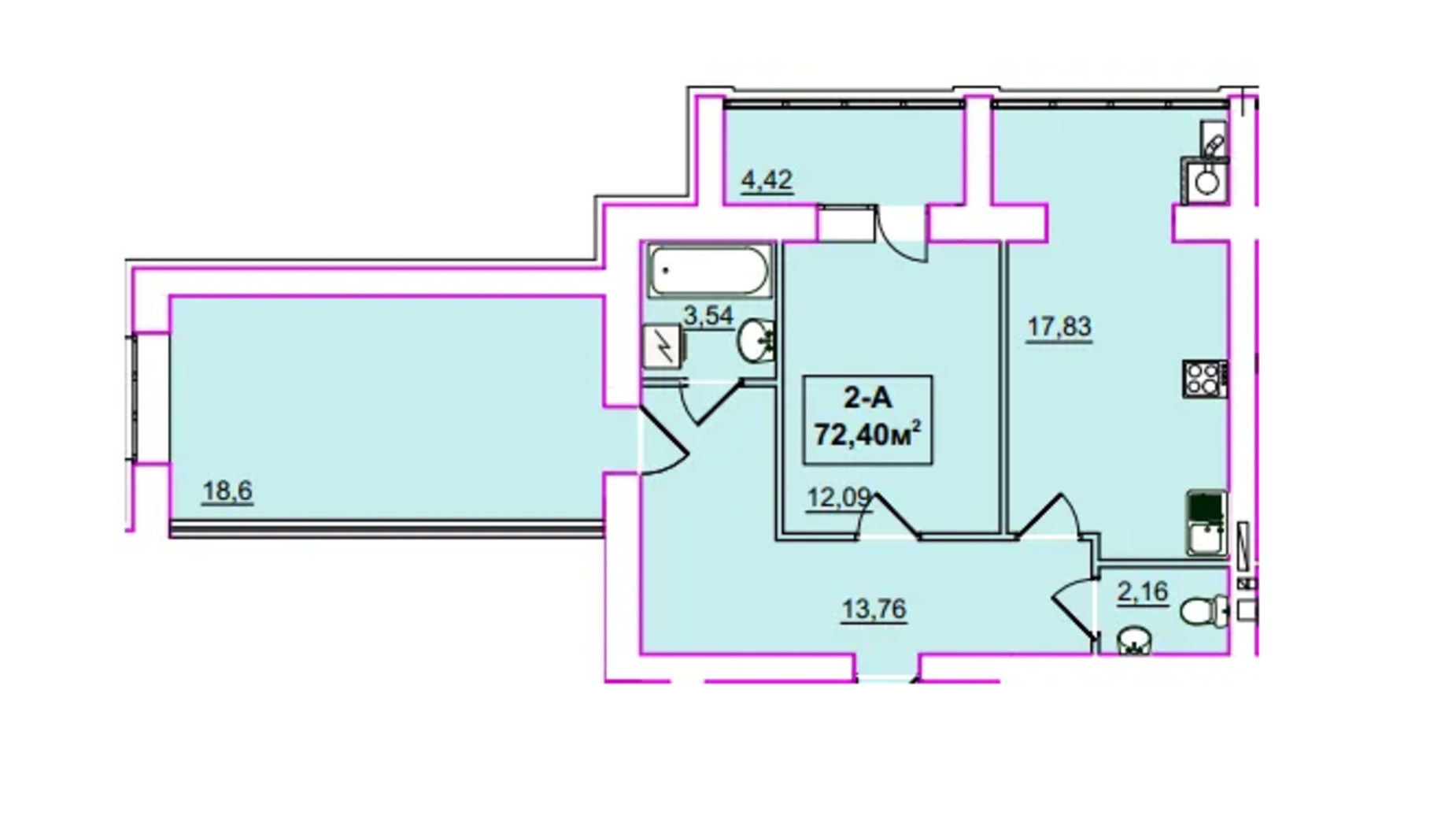 Планування 2-кімнатної квартири в ЖК Незалежність 72.4 м², фото 658197