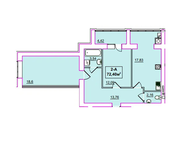 ЖК Независимость: планировка 2-комнатной квартиры 72.4 м²