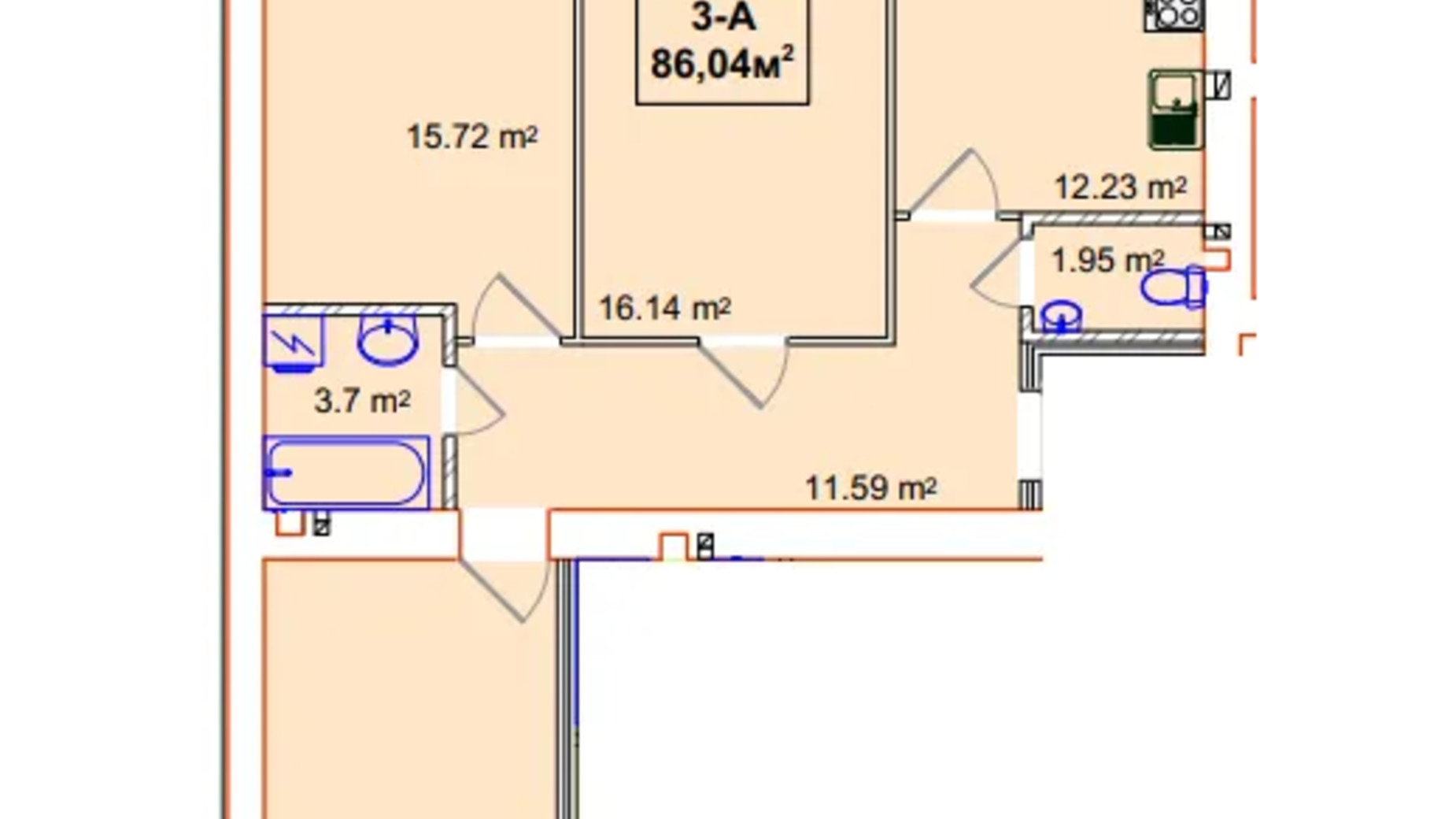 Планування 3-кімнатної квартири в ЖК Незалежність 86.04 м², фото 658198