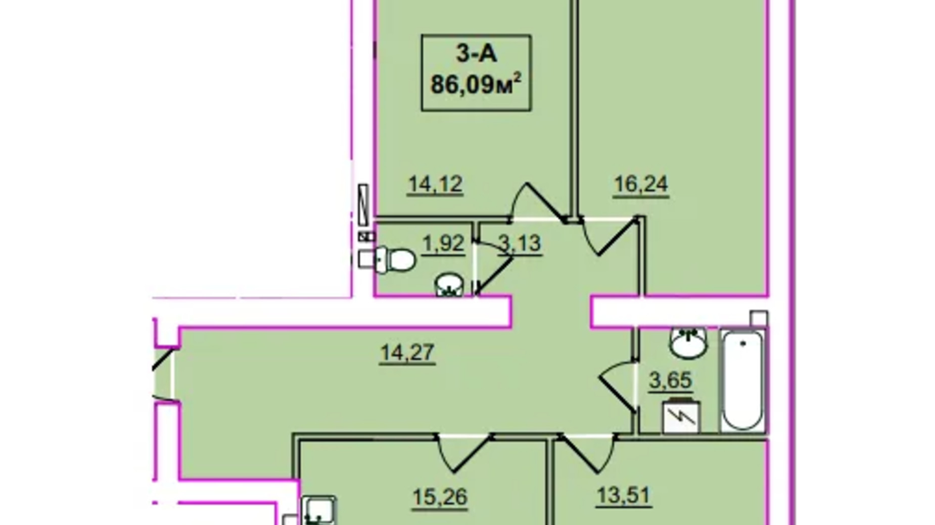 Планування 3-кімнатної квартири в ЖК Незалежність 86.09 м², фото 658199