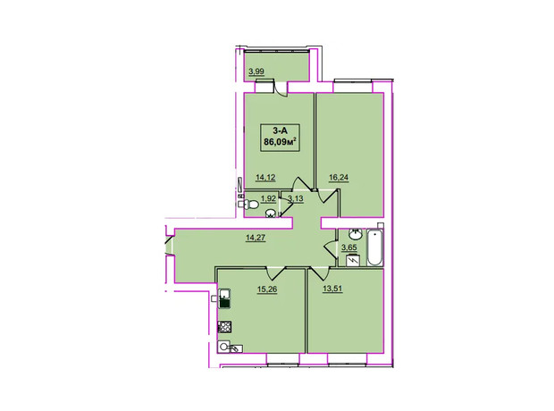 ЖК Независимость: планировка 3-комнатной квартиры 86.09 м²