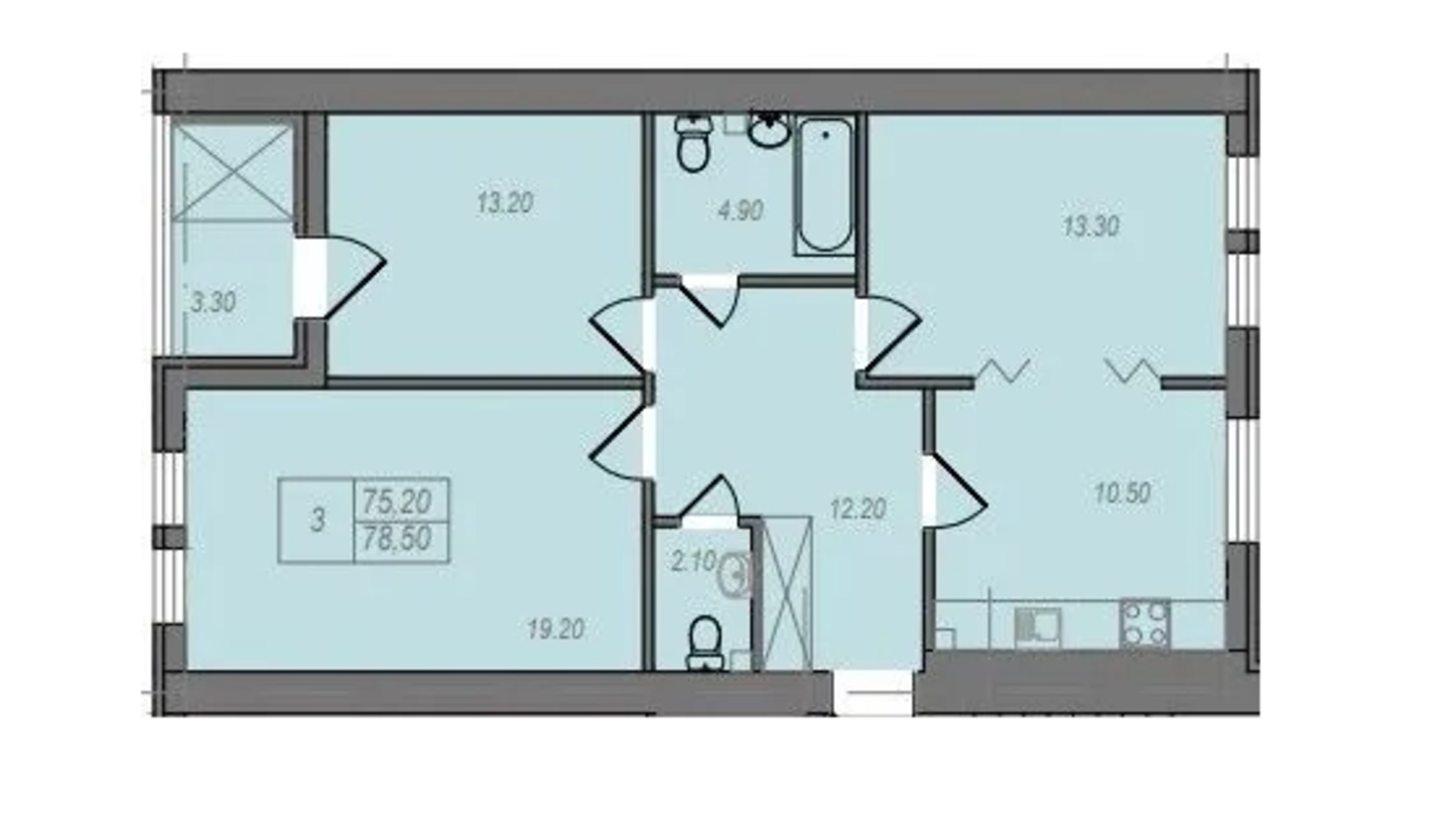 Планировка 3-комнатной квартиры в ЖК Независимость 78.5 м², фото 658287