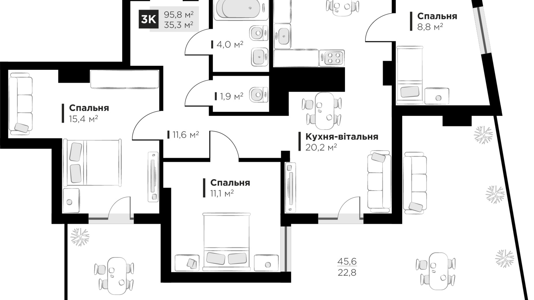 Планування 3-кімнатної квартири в ЖК Feel House 95.8 м², фото 658363