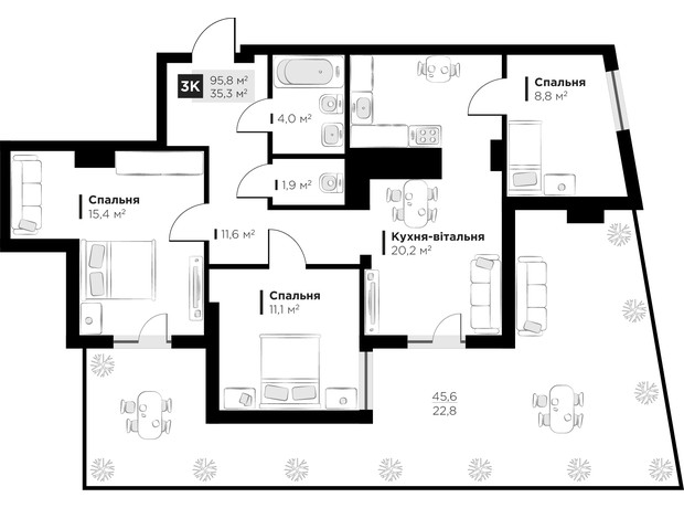 ЖК Feel House: планування 3-кімнатної квартири 95.8 м²