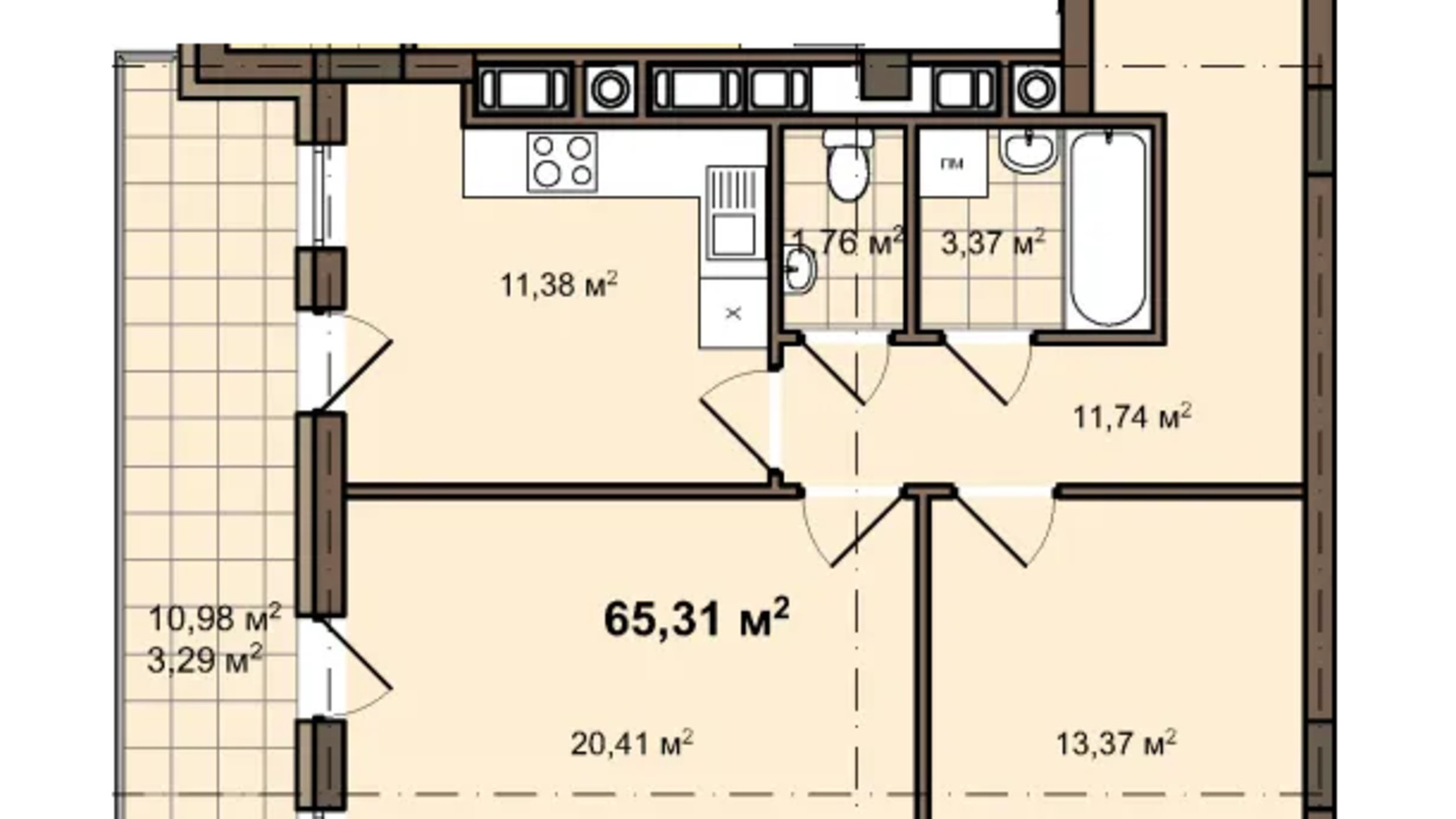 Планировка 2-комнатной квартиры в ЖК ул. Даниила Галицкого, 2А 65.31 м², фото 658377