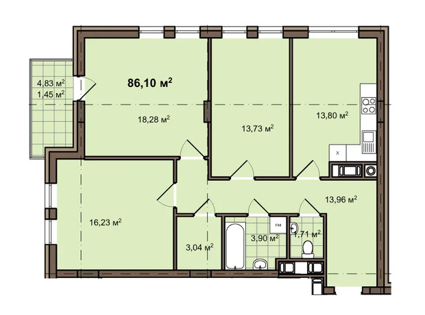 ЖК ул. Даниила Галицкого, 2А: планировка 3-комнатной квартиры 86.1 м²