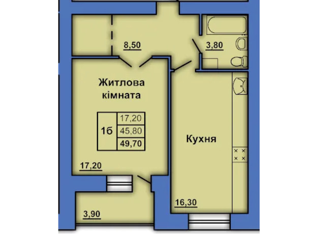 ЖК ул. Александра Оксанченка (Степного Фронта), 20: планировка 1-комнатной квартиры 49.7 м²