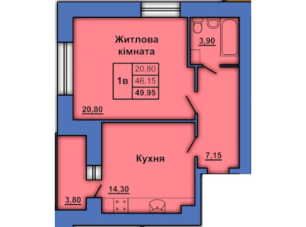 ЖК ул. Александра Оксанченка (Степного Фронта), 20: планировка 1-комнатной квартиры 49.95 м²