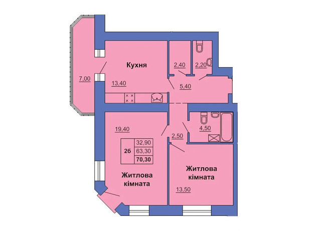 ЖК ул. Григория Левченка (Сапиго), 2: планировка 2-комнатной квартиры 70.3 м²