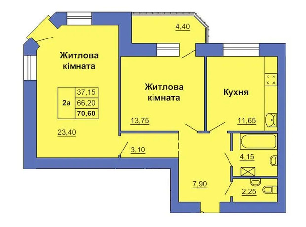 ЖК ул. Григория Левченка (Сапиго), 2: планировка 2-комнатной квартиры 70.6 м²