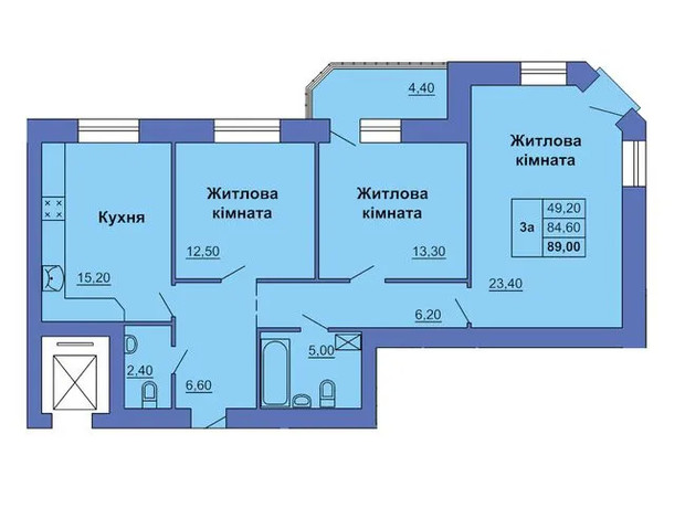 ЖК вул. Григорія Левченка (Сапіго), 2: планування 3-кімнатної квартири 89 м²