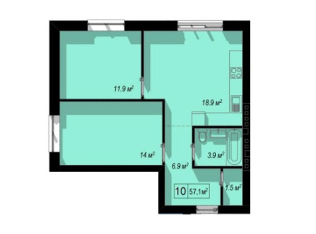 КД Екселант: планировка 2-комнатной квартиры 57.1 м²