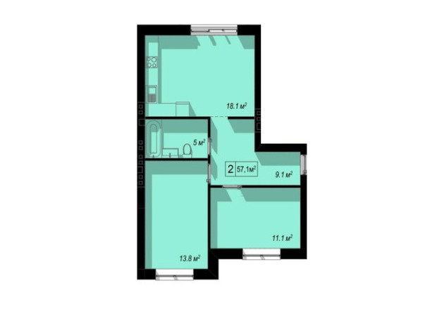 КД Екселант: планировка 2-комнатной квартиры 57.2 м²