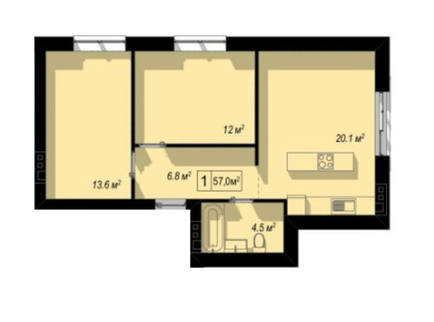 КД Екселант: планировка 2-комнатной квартиры 57 м²