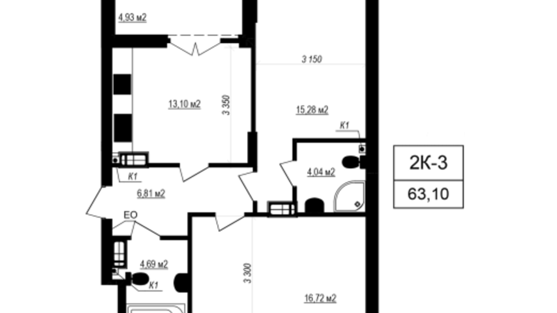 Планування 2-кімнатної квартири в ЖК Щасливий Grand 63.1 м², фото 658837