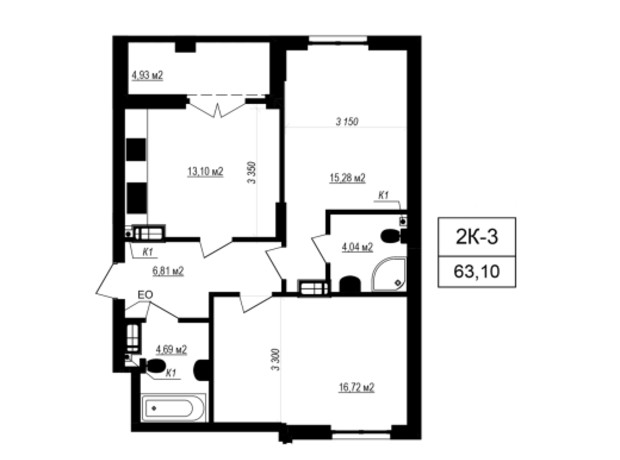 ЖК Щасливий Grand: планировка 2-комнатной квартиры 63.1 м²