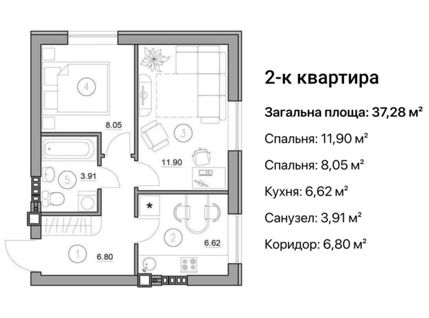 ЖК Комфортне Містечко: планування 1-кімнатної квартири 37.28 м²