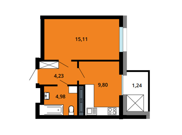 ЖК Boryspil Residence: планування 1-кімнатної квартири 35.36 м²