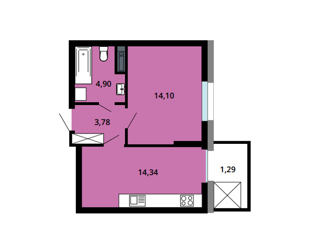 ЖК Boryspil Residence: планировка 1-комнатной квартиры 38.4 м²