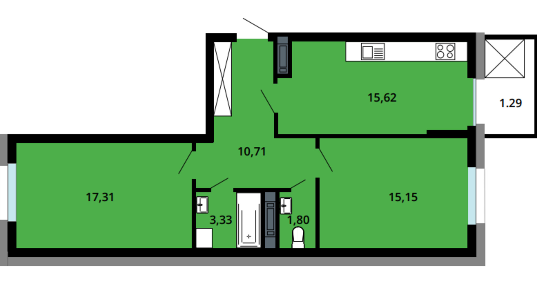 Планировка 2-комнатной квартиры в ЖК Boryspil Residence 65.22 м², фото 658862