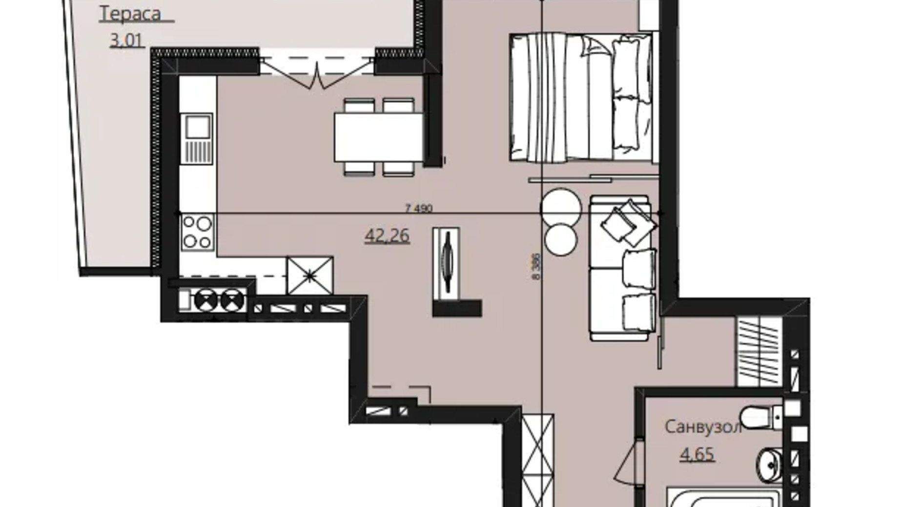 Планировка 1-комнатной квартиры в ЖК Waldhausen 49.92 м², фото 659033