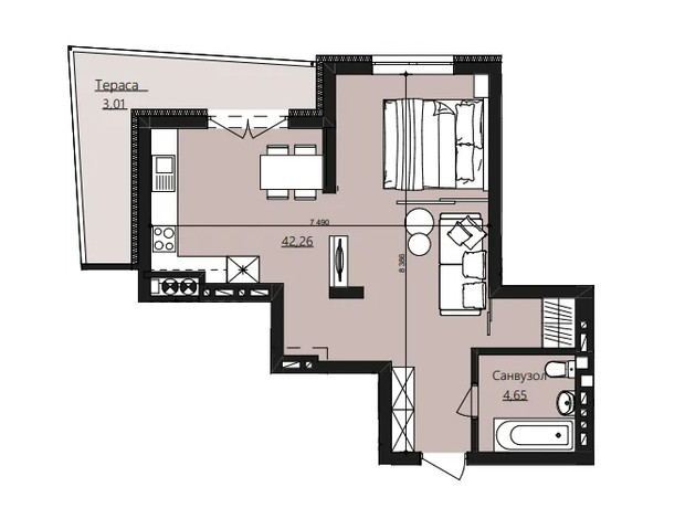 ЖК Waldhausen: планировка 1-комнатной квартиры 49.92 м²