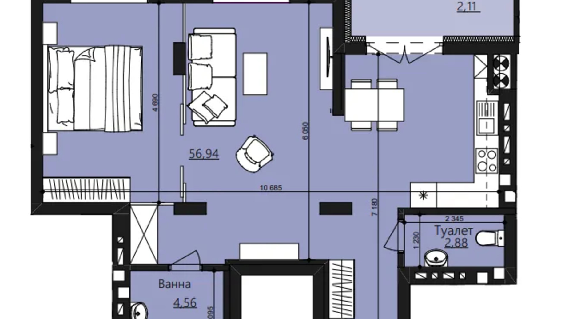 Планировка 1-комнатной квартиры в ЖК Waldhausen 66.49 м², фото 659034