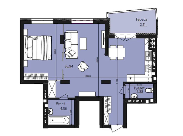 ЖК Waldhausen: планування 1-кімнатної квартири 66.49 м²
