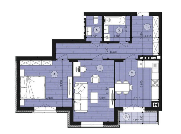 ЖК Waldhausen: планування 2-кімнатної квартири 71.77 м²