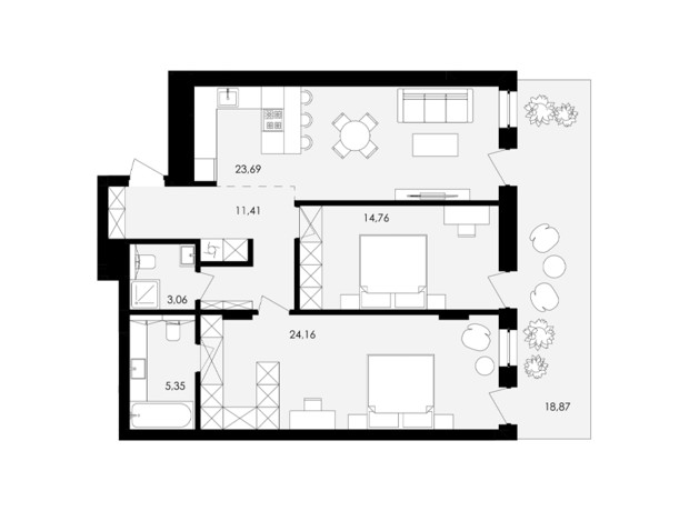 ЖК Avalon Yard: планування 2-кімнатної квартири 88 м²