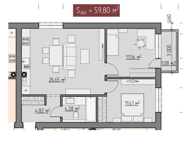 ЖК Клубный: планировка 2-комнатной квартиры 59.8 м²