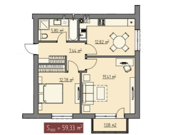 ЖК Клубный: планировка 2-комнатной квартиры 59.33 м²