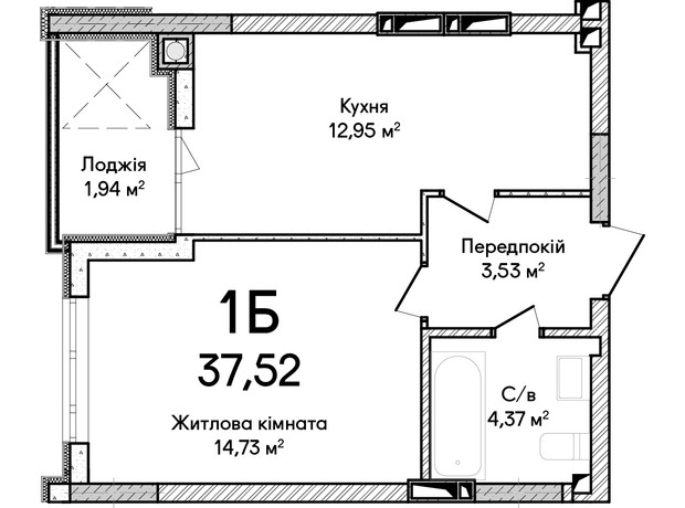 ЖК Синергія Сіті: планування 1-кімнатної квартири 37 м²