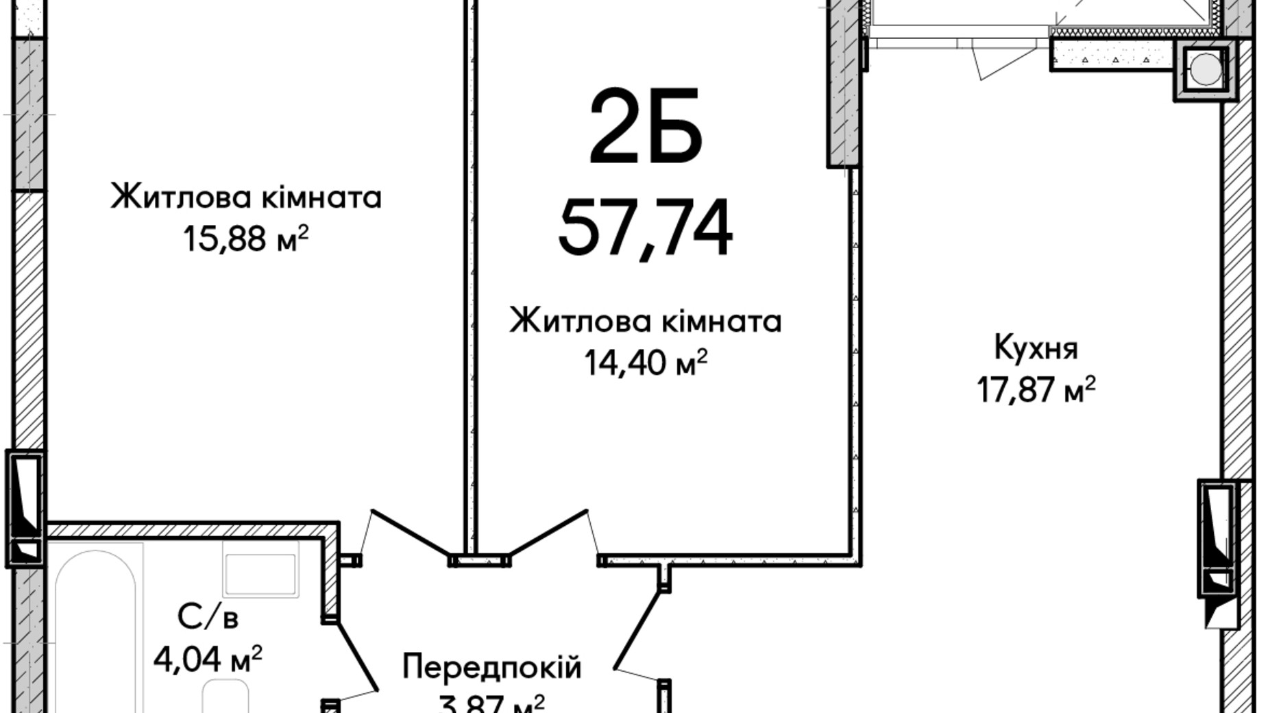 Планування 2-кімнатної квартири в ЖК Синергія Сіті 57 м², фото 659498