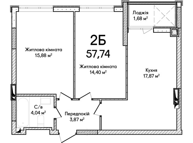 ЖК Синергия Сити: планировка 2-комнатной квартиры 57 м²