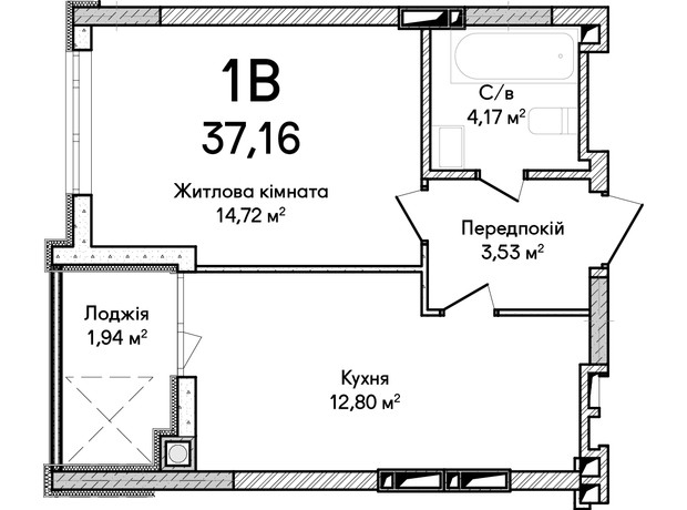 ЖК Синергія Сіті: планування 1-кімнатної квартири 37 м²