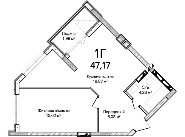 ЖК Синергия Сити: планировка 1-комнатной квартиры 47 м²