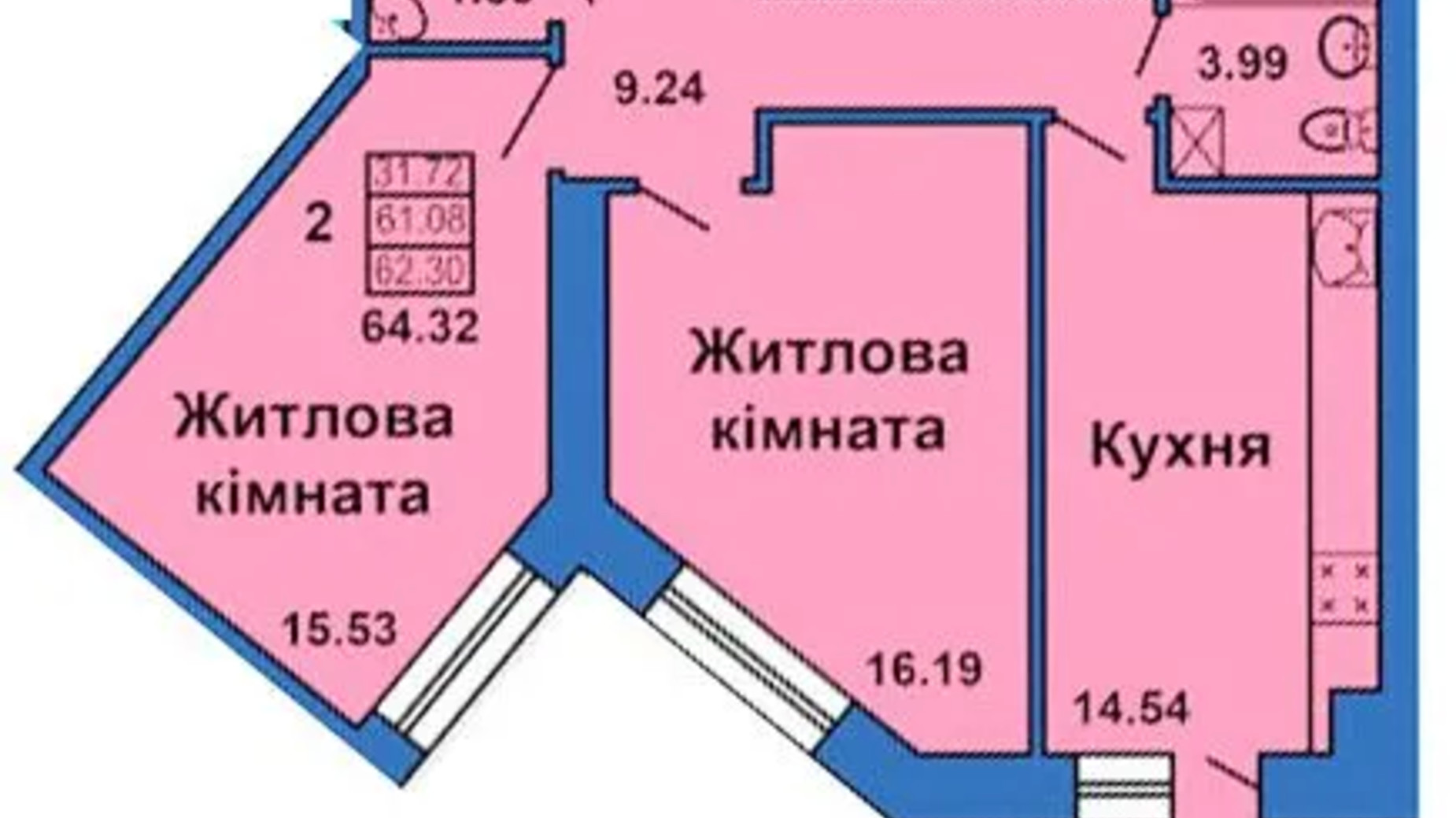 Планування 2-кімнатної квартири в ЖК вул. Весняна, 9 64.32 м², фото 659620