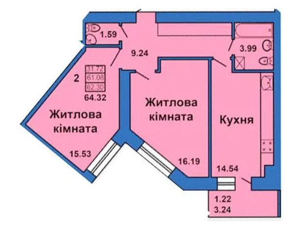 ЖК вул. Весняна, 9: планування 2-кімнатної квартири 64.32 м²