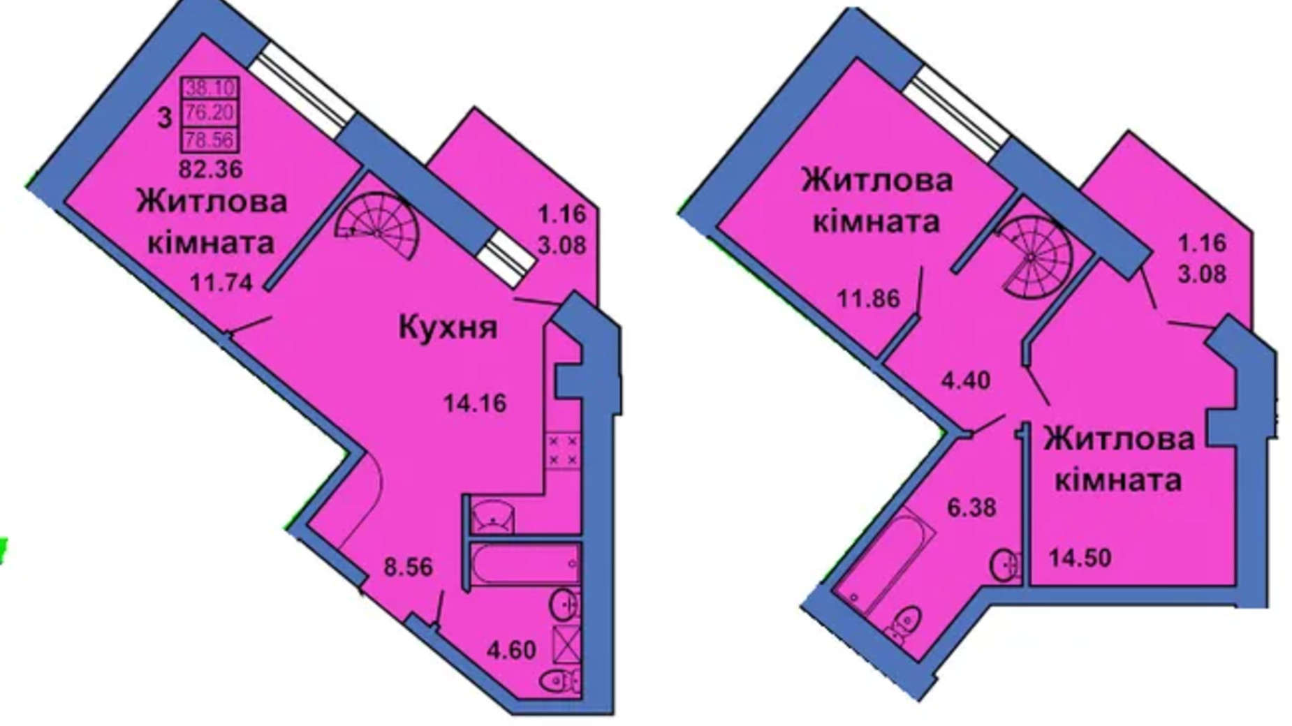 Планування багато­рівневої квартири в ЖК вул. Весняна, 9 82.36 м², фото 659621