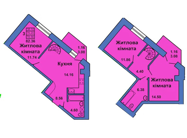 ЖК ул. Весенняя, 9: планировка 3-комнатной квартиры 82.36 м²