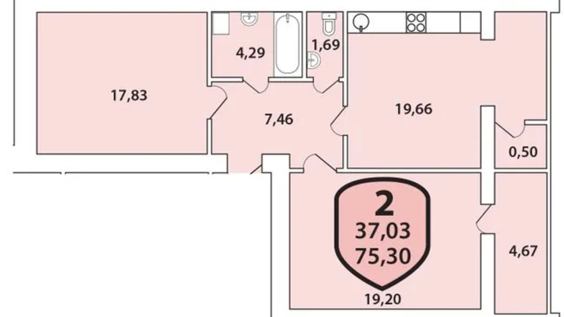 Планировка 2-комнатной квартиры в ЖК Олимпийский - 5 75.3 м², фото 659734