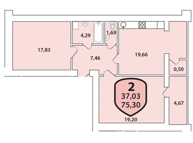 ЖК Олимпийский - 5: планировка 2-комнатной квартиры 75.3 м²