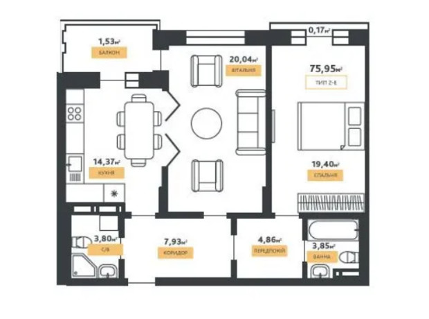 КБ La Manche: планування 2-кімнатної квартири 75.95 м²