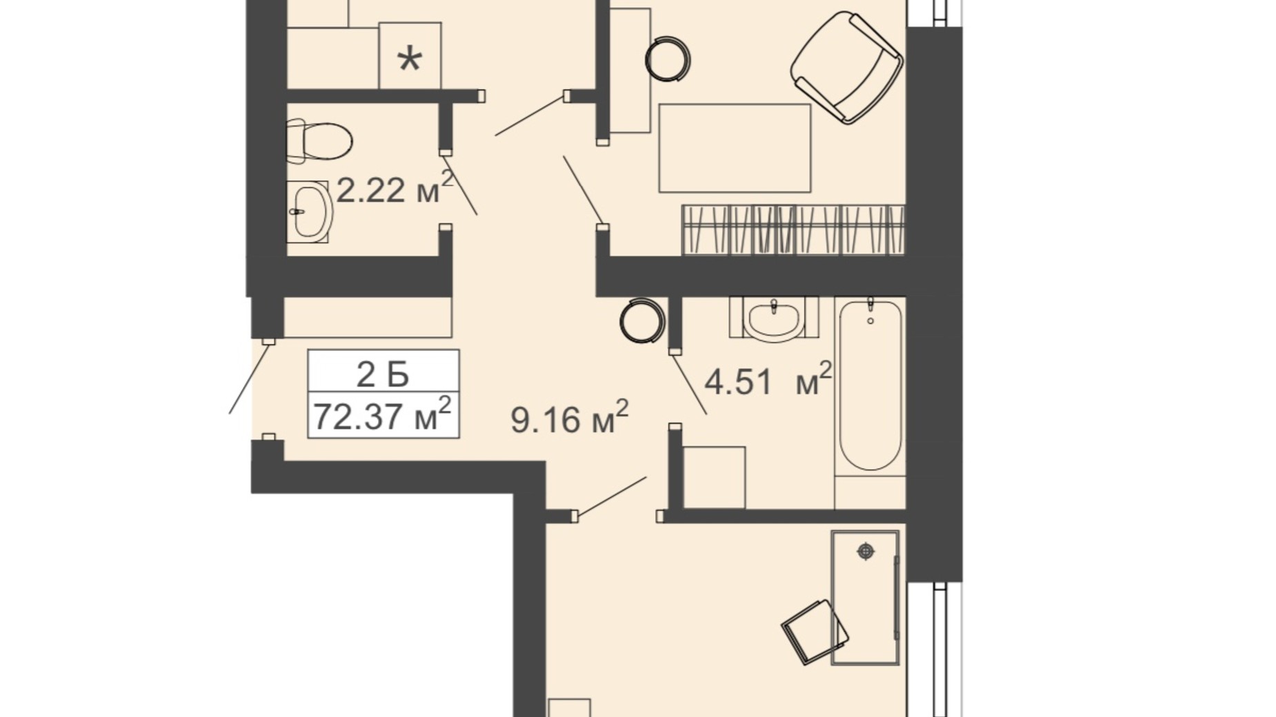 Планировка 2-комнатной квартиры в ЖК Модернист 72.37 м², фото 659825