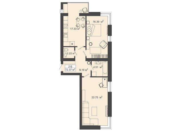 ЖК Модернист: планировка 2-комнатной квартиры 72.37 м²