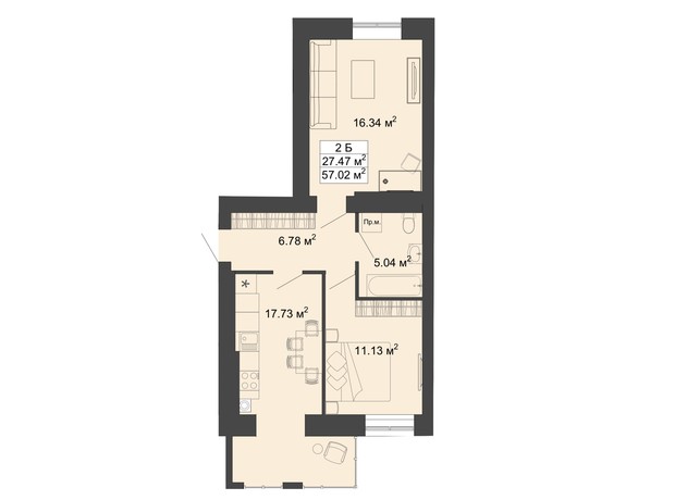 ЖК Модернист: планировка 2-комнатной квартиры 57.02 м²